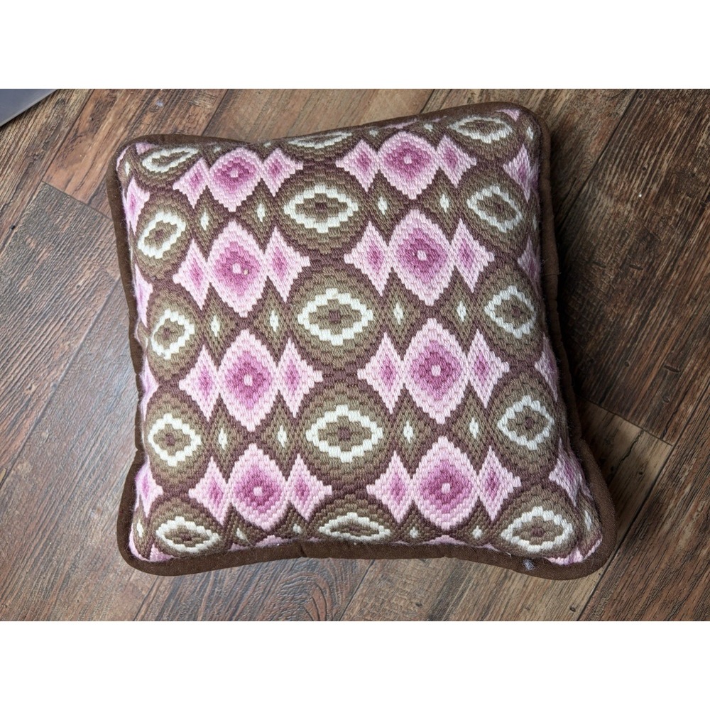 Vintage MCM 1960s-1970s Needlepoint Pillow Geometric 12x12 Pink Brown Throw